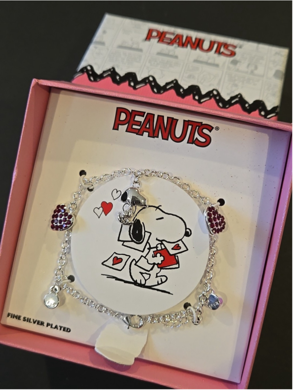 LA Rocks Peanuts Snoopy Heart Charm Bracelet Fine Silver Plated Box Jewelry(D-22